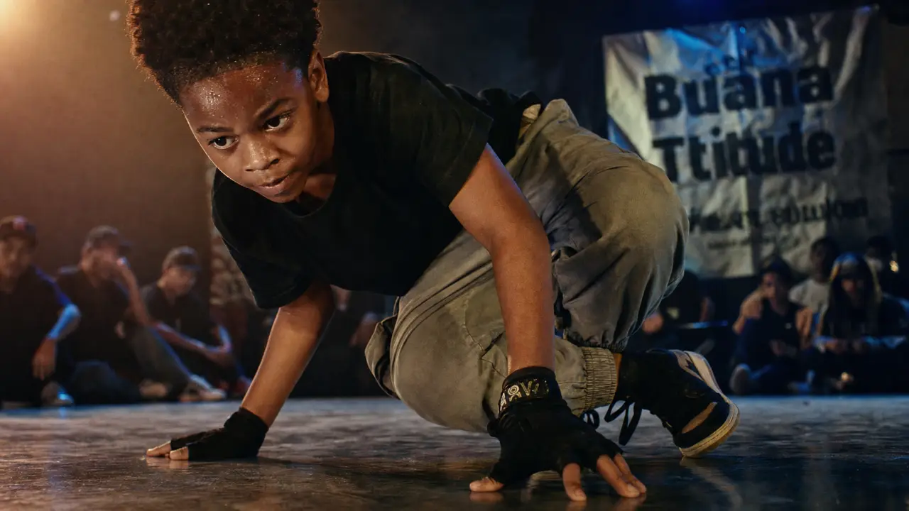 B boy junior sur scène, pose breakdance