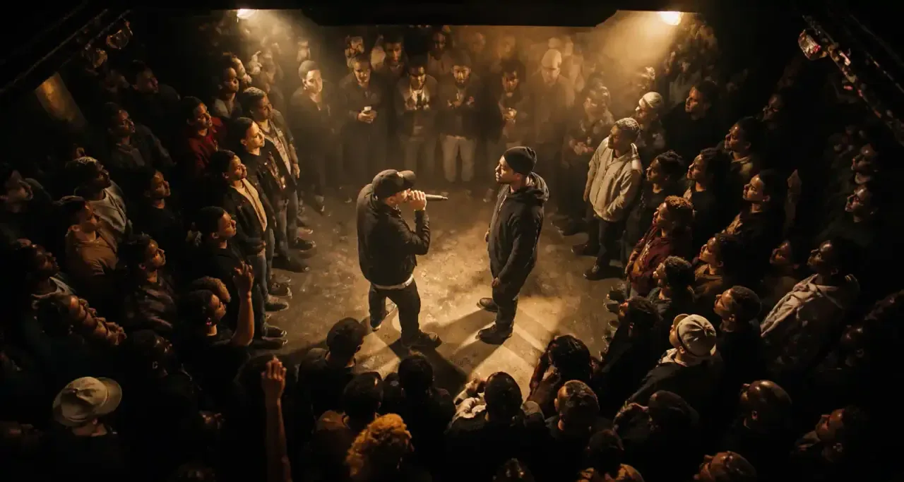 Battle de MCs lors d'un open mic dans une salle underground