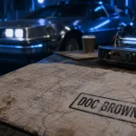 Doc Brrown : tampon « DOC BROWN » sur carte froissée, DeLorean DMC-12 en arrière-plan