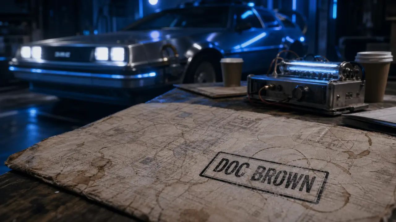 Doc Brrown : tampon « DOC BROWN » sur carte froissée, DeLorean DMC-12 en arrière-plan