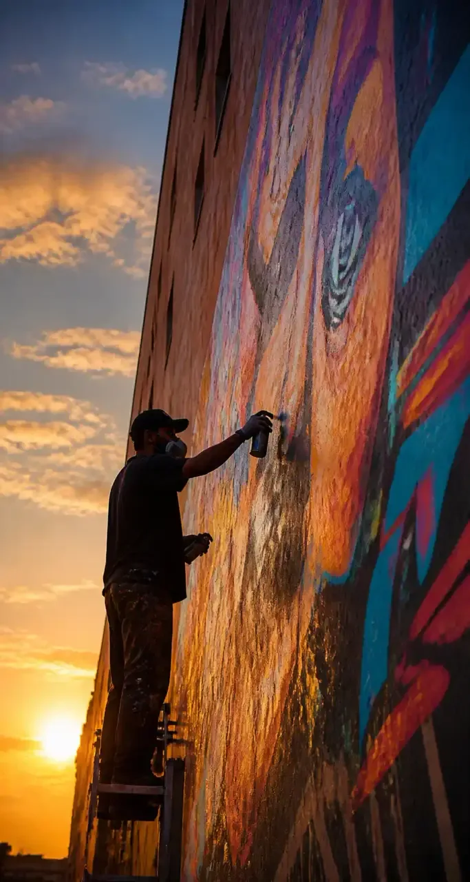 Graffeur au travail sur un mur urbain
