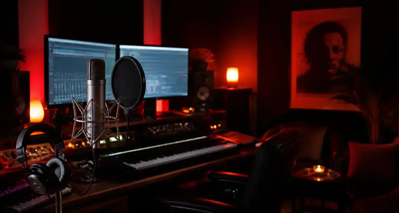 Rappeur en enregistrement dans un home studio équipé