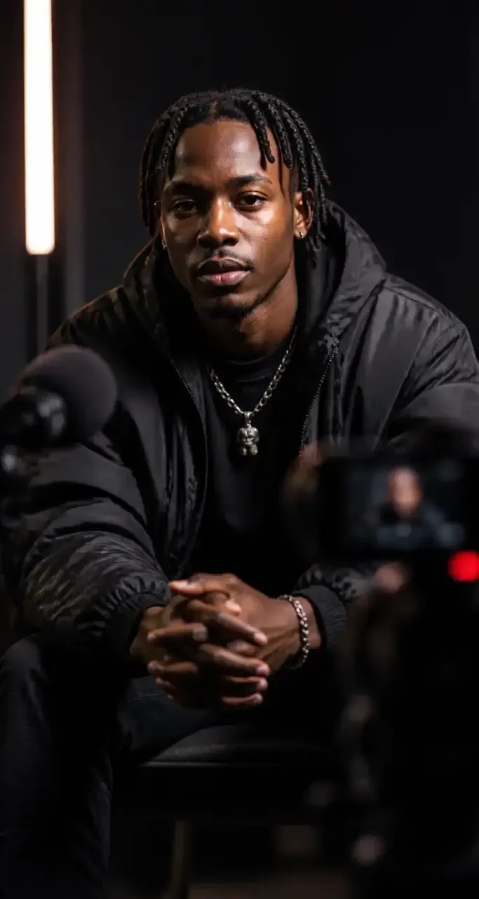 Portrait d'un artiste rap émergent en interview