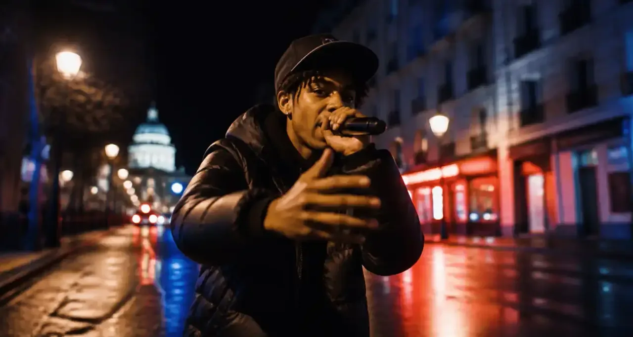 Rappeur en plein freestyle dans une rue de Paris, de nuit, entouré de son public