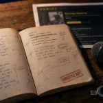 Texte freestyle rap : carnet lyrics, micro et table en bois usée