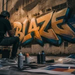 Artiste graffiti en lettrage BLAZE sur mur, ruelle urbaine