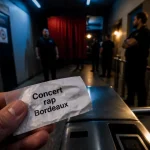 Concert rap bordeaux : billet devant tourniquet, salle en arrière-plan