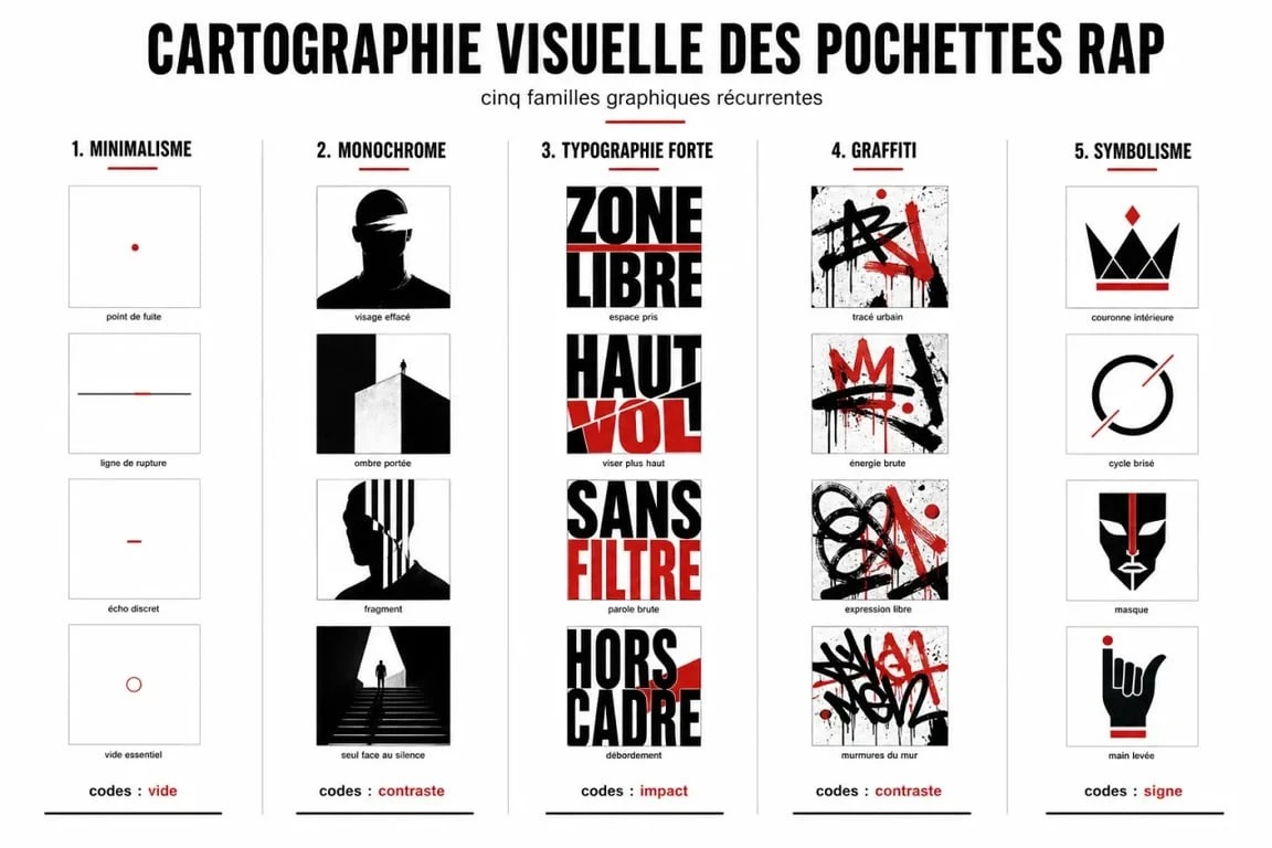 Pochette album rap : comparaison visuelle des codes graphiques du rap