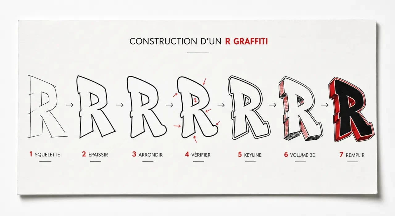 Graffiti r en 7 étapes, du squelette au remplissage