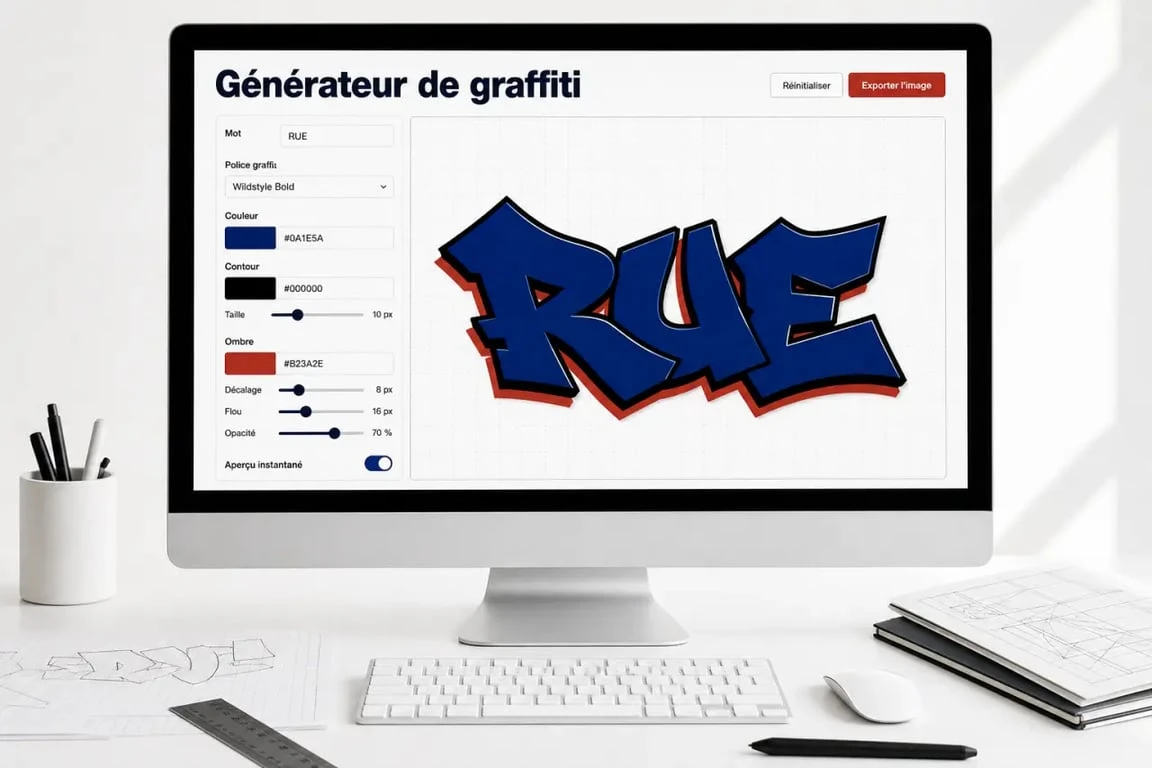 Interface de graffiti maker generator avec aperçu du texte, réglages de couleurs et rendu graffiti