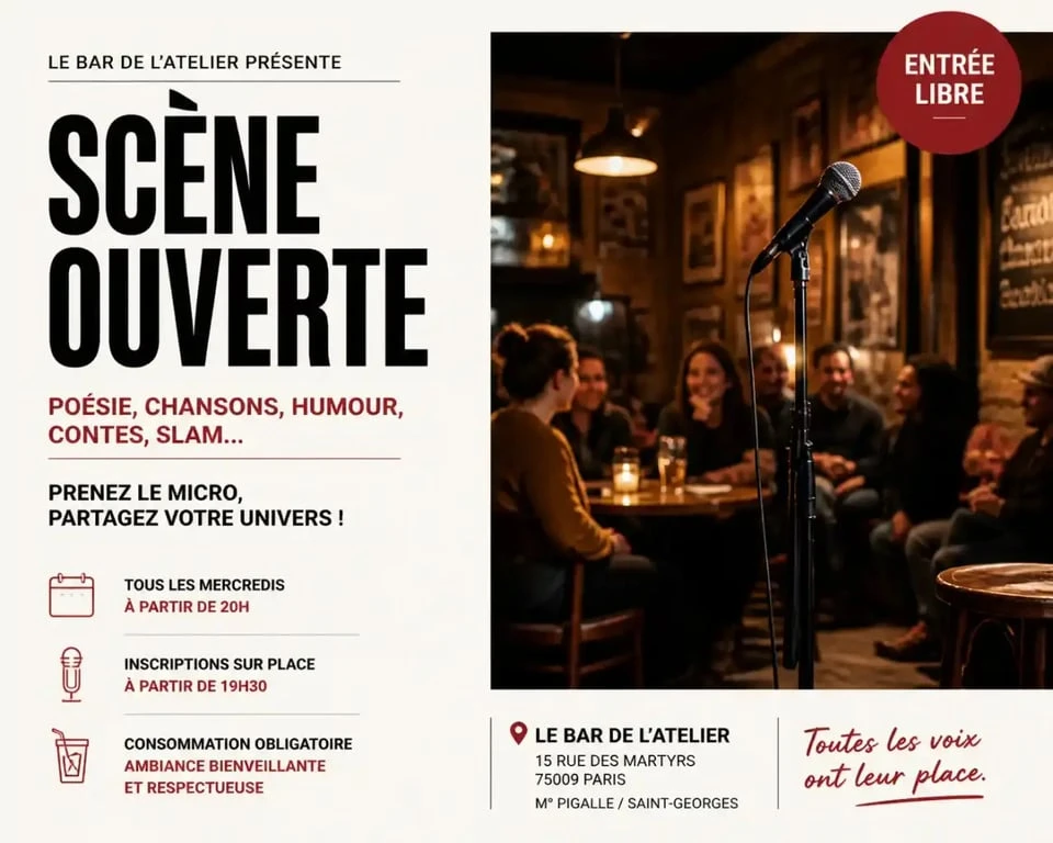 Ambiance d'un open mic à Paris dans un bar de quartier.
