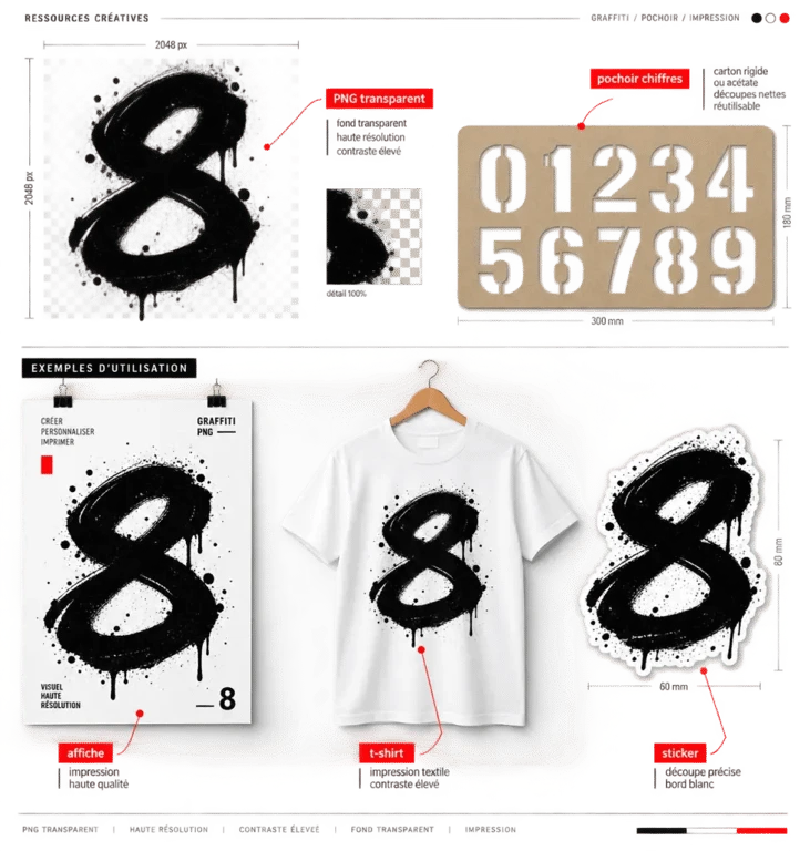 Chiffre graffiti appliqué en PNG transparent et pochoir sur plusieurs supports
