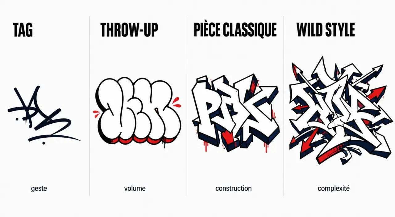 Graffiti wild comparé aux tags, throw-ups et pièces classiques dans une composition éditoriale claire