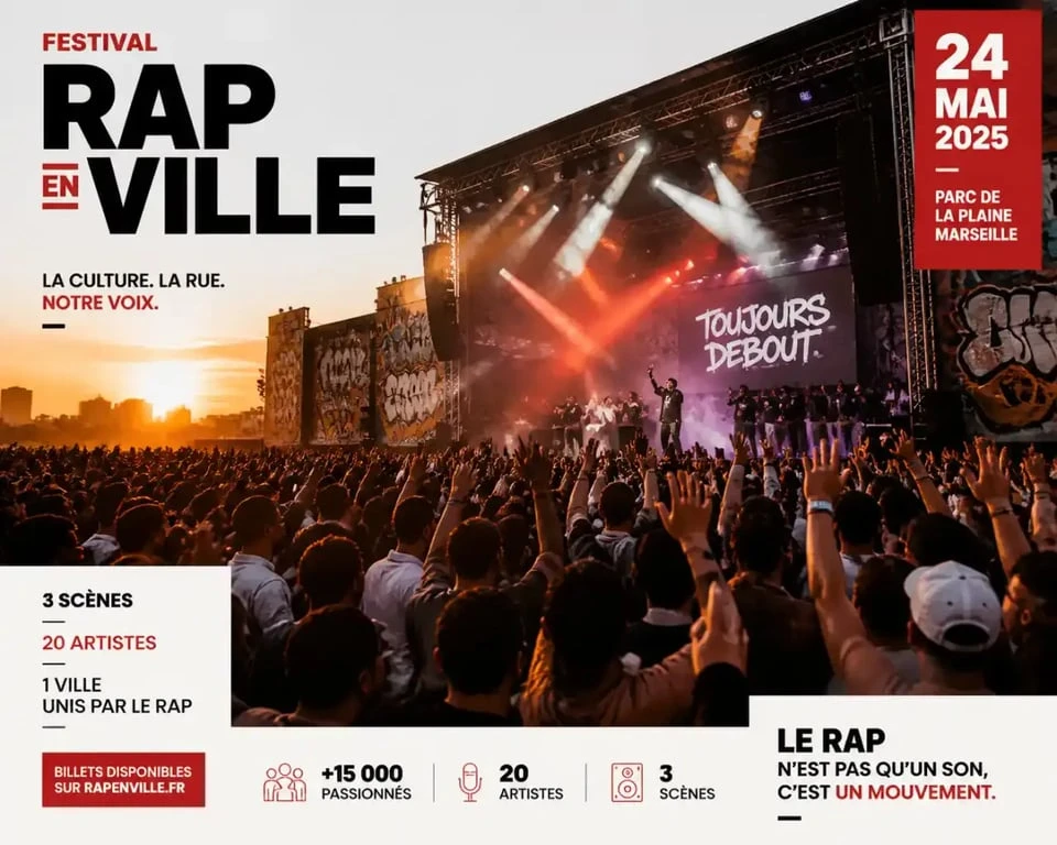 Ambiance électrique lors d'un festival rap en plein air avec une foule nombreuse devant une scène illuminée