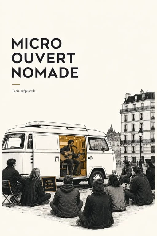 Le baladeur open mic dans un van aménagé des années 70 à Paris, avec un artiste à la guitare et un petit public