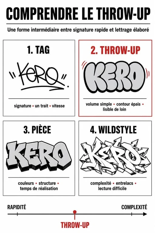Throw up graffiti comparé au tag, à la pièce et au wildstyle dans un visuel éditorial