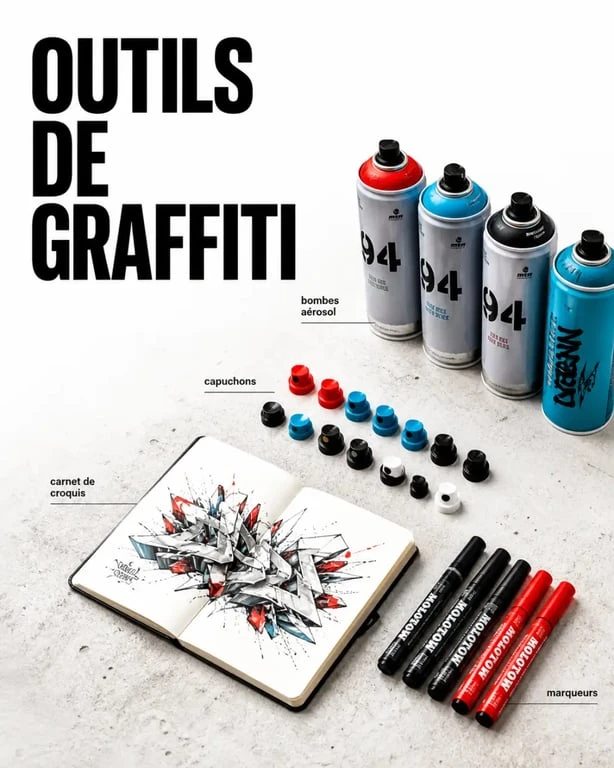 Outils et matériel professionnel d'un artiste graffiti