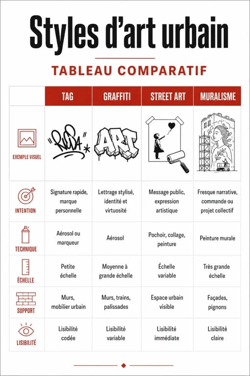 Infographie comparative des styles d'artiste graffiti et art urbain