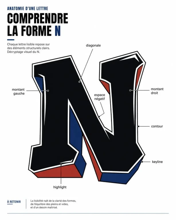 Zones de lisibilité d’un N graffiti avec key areas et contours