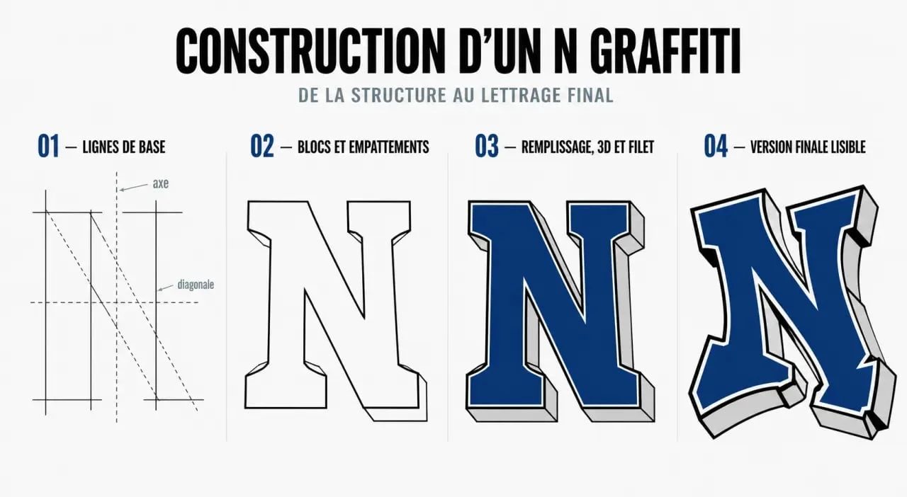 Étapes pour dessiner un N graffiti en style graffiti