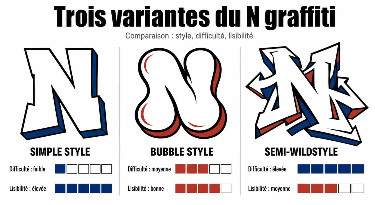 Comparaison des styles de N graffiti en simple, bubble et semi-wildstyle