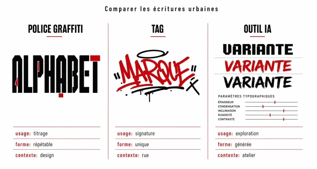 Écriture graffiti : comparaison visuelle entre police graffiti, tag et outil IA