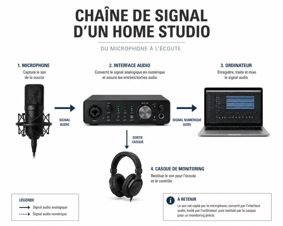 Schéma de la chaîne de signal d'un pack home studio pour débutant