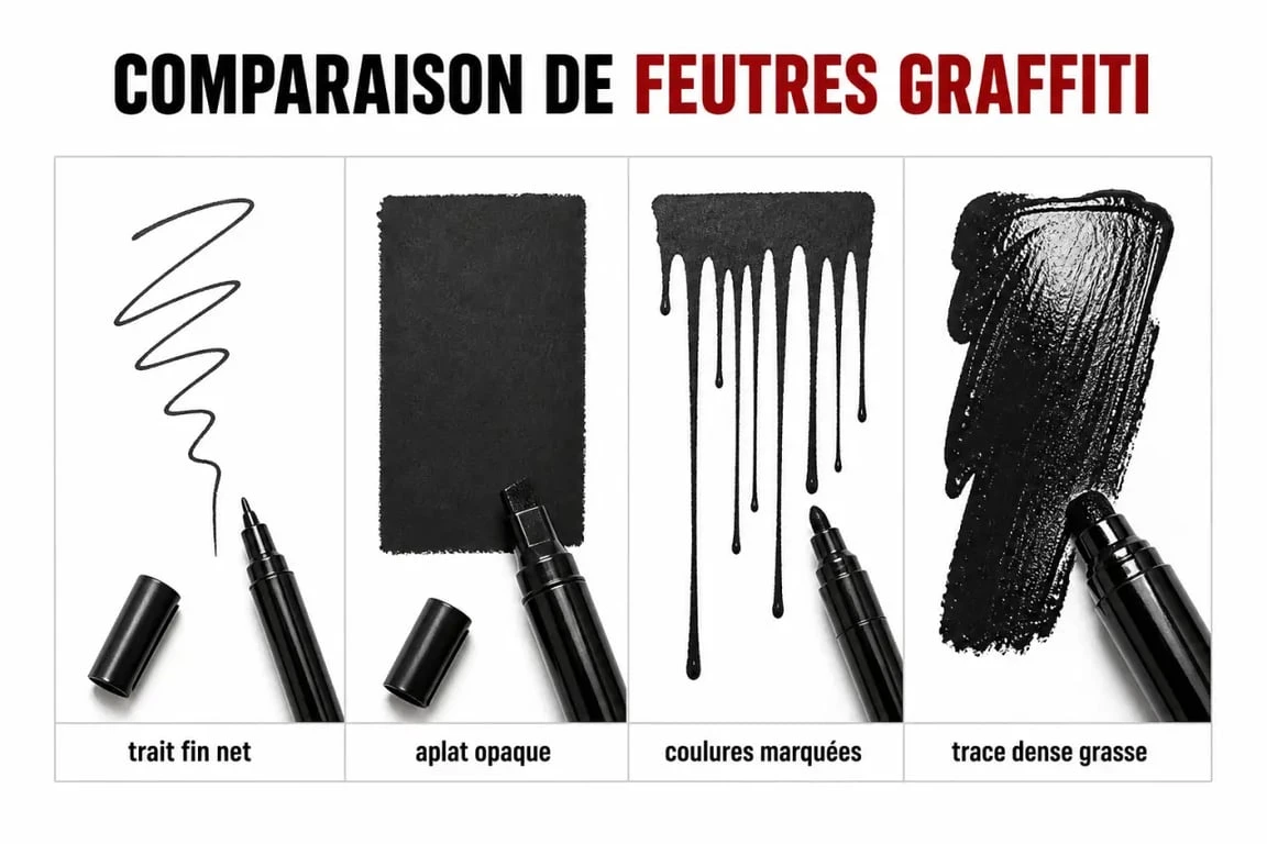 Comparatif visuel de feutre graffiti montrant différents rendus de trait, d’aplat et de coulures