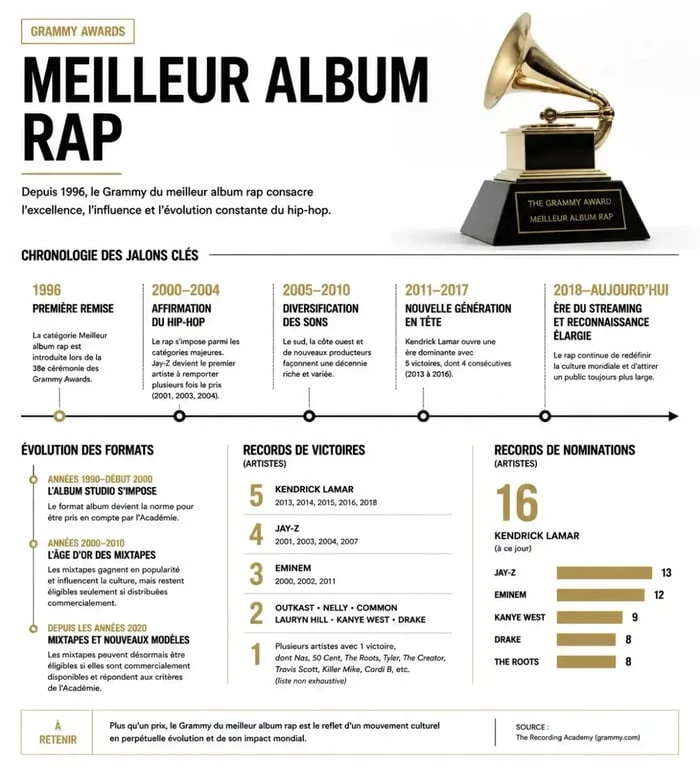Infographie sur le Grammy Award du meilleur album rap avec chronologie des gagnants, records et repères historiques
