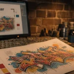 Graffiti maker generator : croquis graffiti sur papier risograph près d’un clavier et d’une souris