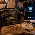 Graffiti Urban Radio : poste radio analogique noir, tickets et lecteur audio sur smartphone
