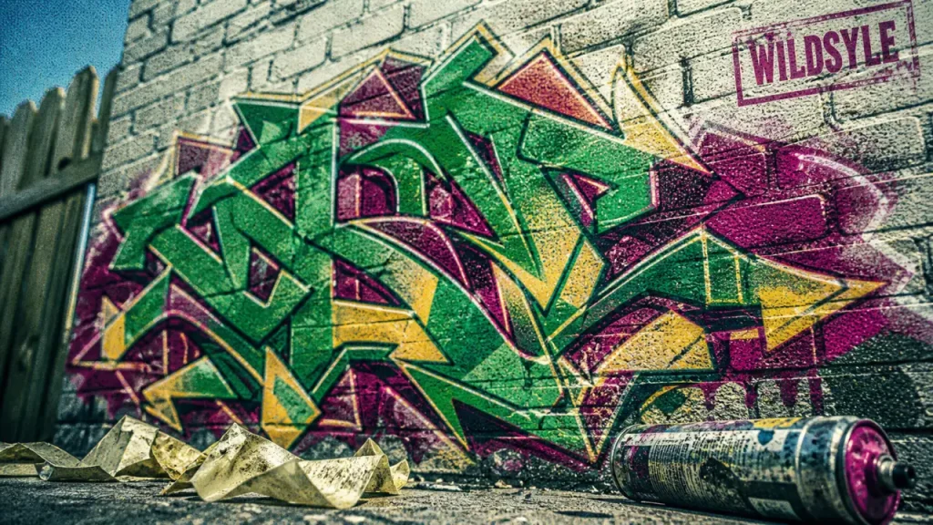 Graffiti wild style : lettres entremêlées, flèches et reliefs à décrypter