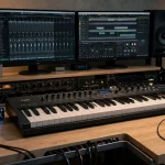 Home studio bureau avec racks 19" et tiroir clavier