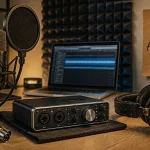 Pack home studio : interface audio, micro et casque sur bureau