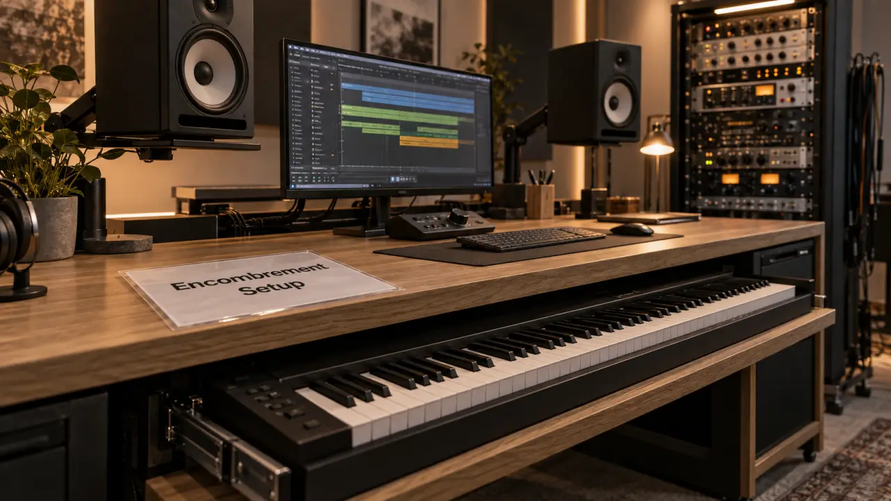 Bureau studio musique avec setup organisé et racks