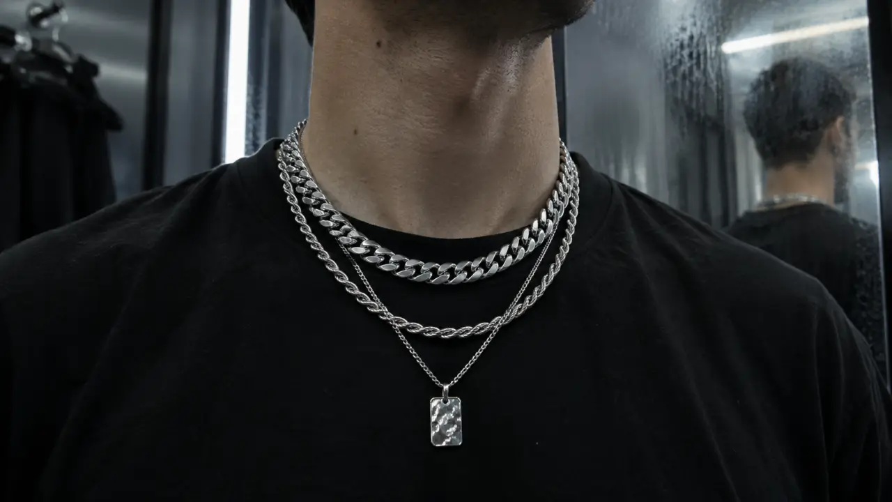 Chaine rappeur argentée sur t-shirt noir