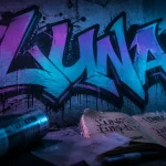 Écrire graffiti : mur béton wildstyle LUNA, néon cyan et violet, nuit froide