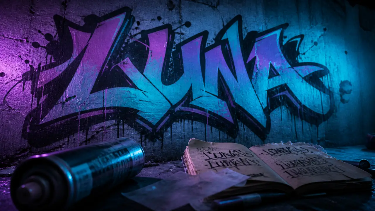 Écrire graffiti : mur béton wildstyle LUNA, néon cyan et violet, nuit froide