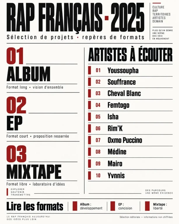 Infographie éditoriale des albums rap français 2025 et des formats album, EP et mixtape