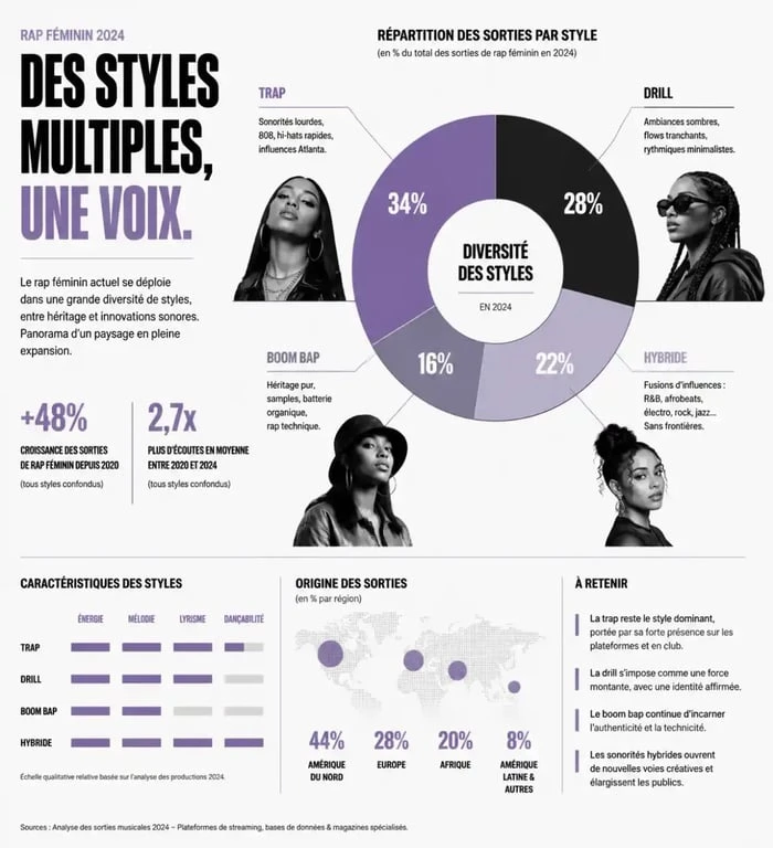 Graphique illustrant la diversité des styles musicaux des femmes rappeuses.