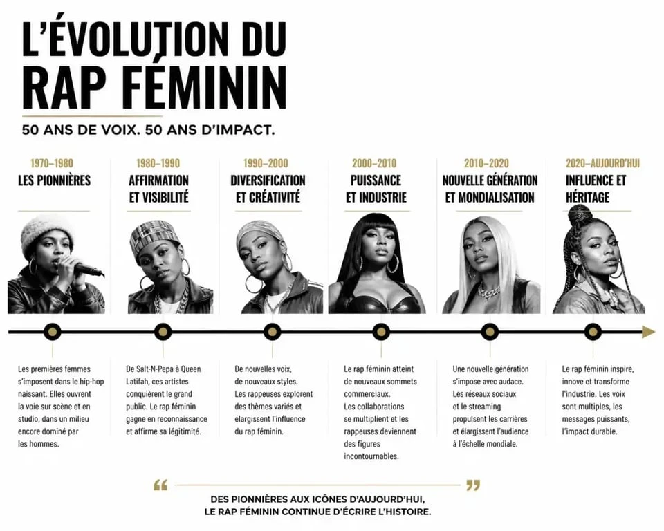 Frise chronologique de l'histoire du rap féminin et des femmes rappeuses influentes.