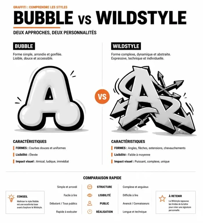 Comparaison des styles Bubble et Wildstyle pour l'alphabet en graffiti