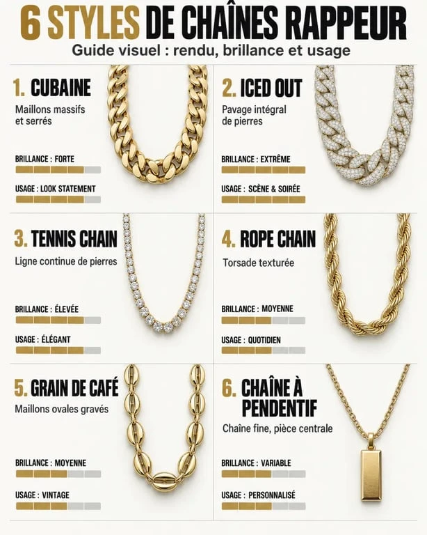 Infographie comparative des styles de chaîne rappeur : cubaine, iced out, tennis, rope chain et pendentif