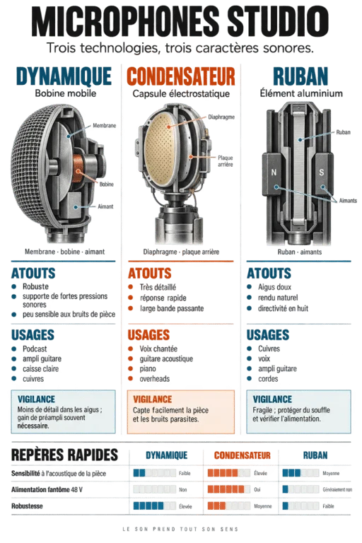 Infographie des technologies de microphone studio dynamique, condensateur et ruban