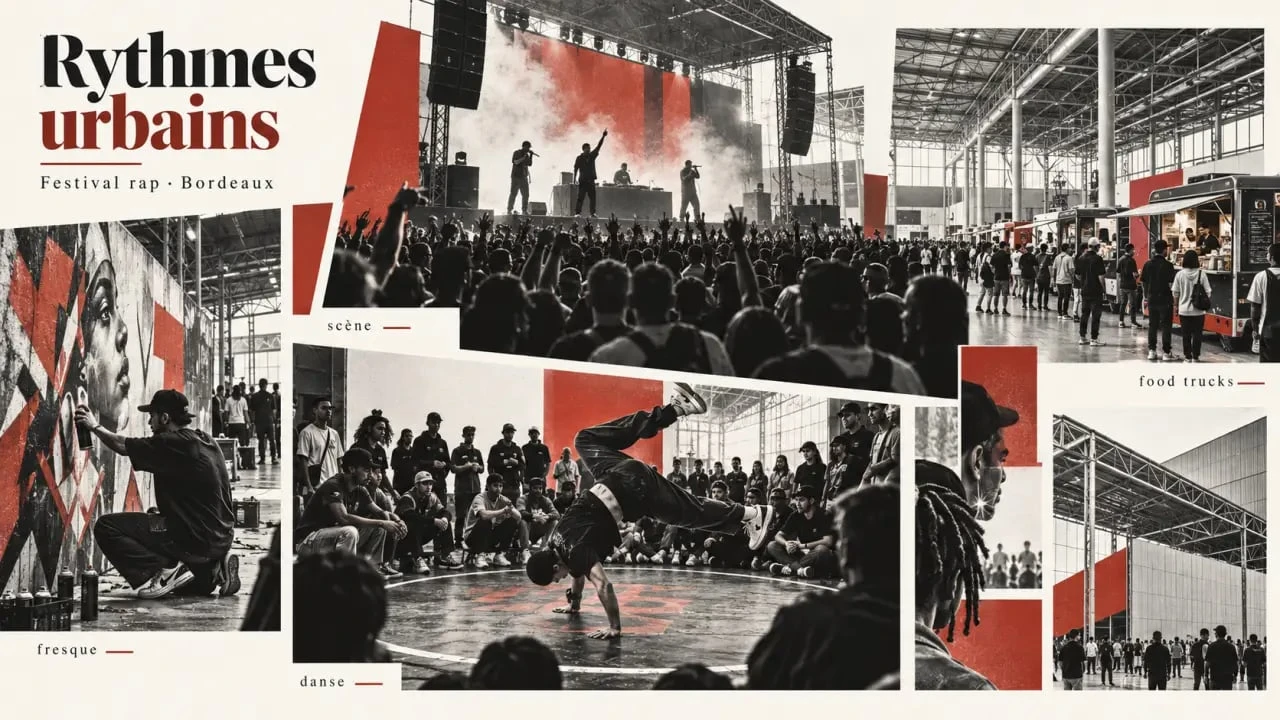 Ambiance d'un festival rap à Bordeaux avec concerts, graffiti et battles urbaines