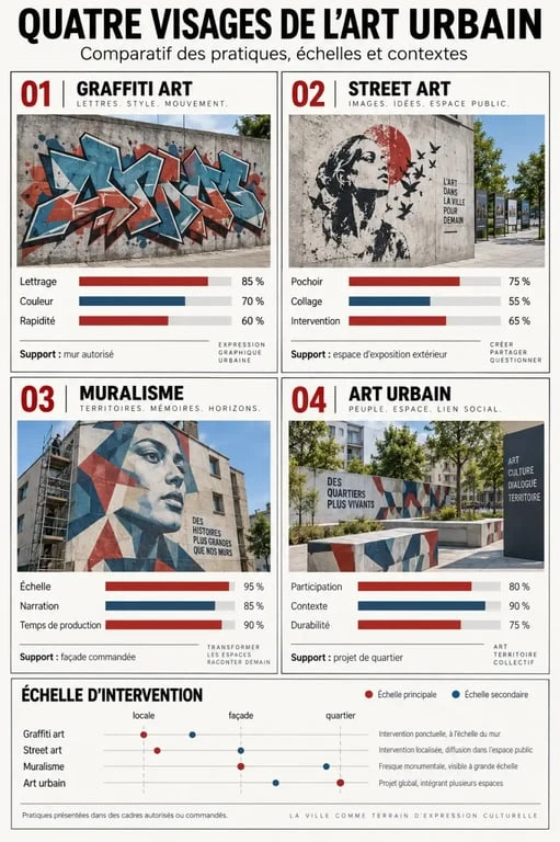 Graphique comparatif sur le graffiti art, le street art, le muralisme et l’art urbain