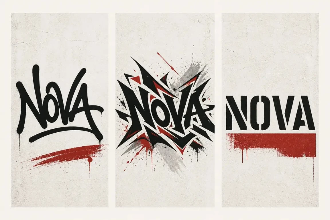 Écrire graffiti : comparaison visuelle des styles tag, wildstyle et pochoir sur un même mot