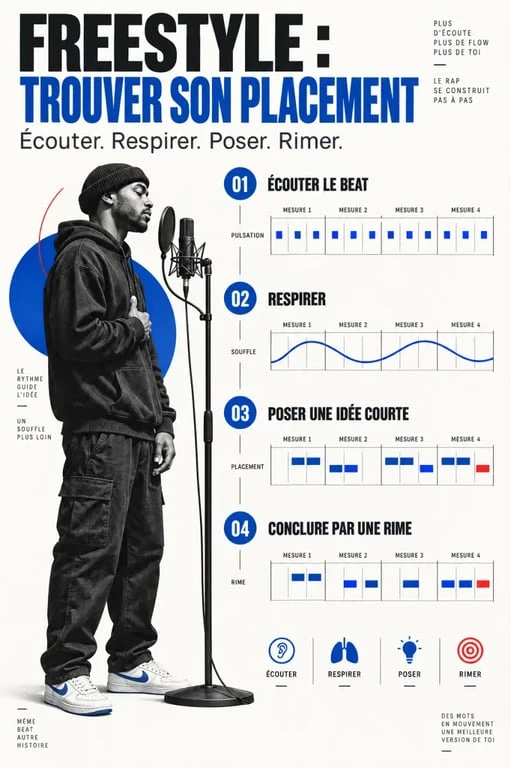 Illustration éditoriale pour apprendre le freestyle to rap avec flow, respiration et placement rythmique