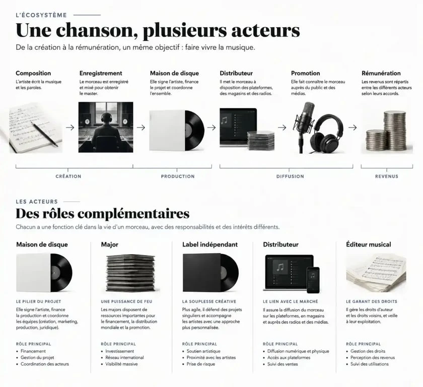 Infographie comparative sur le rôle d'une maison de disque, d'un label, d'un distributeur et d'un éditeur musical