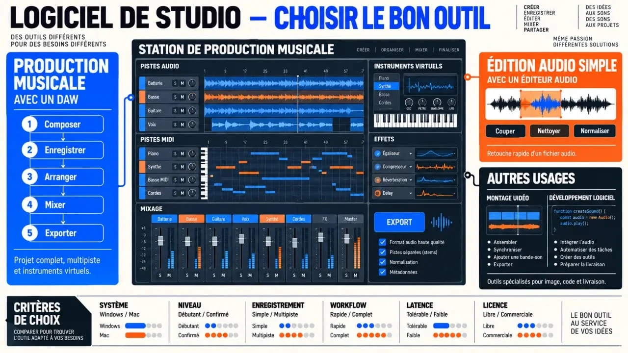Infographie pour comprendre les différents usages d’un logiciel de studio musical, de l’enregistrement au mixage